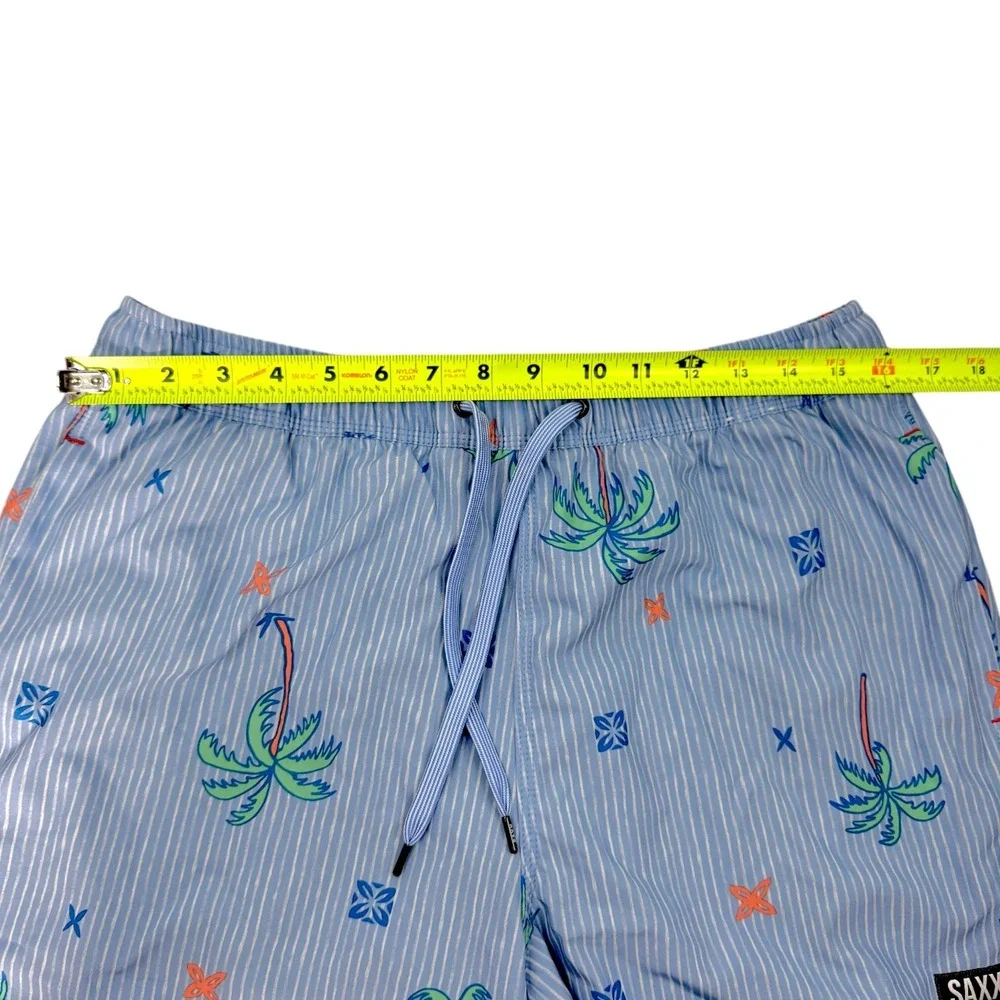 Saxx Swim Shorts Mens Large Blue Striped Oh Buoy 2N1 BallPark Pouch Palm Tree